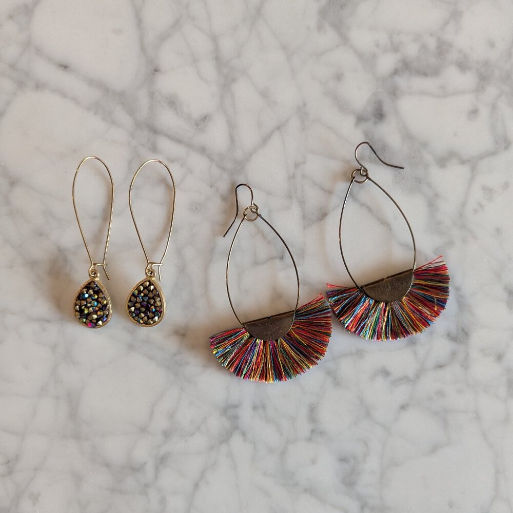 Glitter Stone & Multicolor Fringe Earrings - Picture 2 of 7